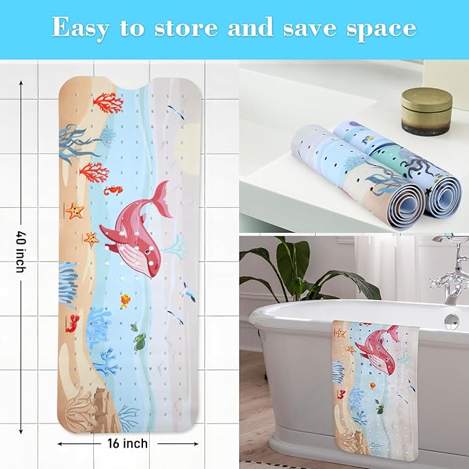 Secopad Bath Mat for Tub Non Slip, Machine Washable Anti-Slip Cartoon Baby Bathtub Shower Mat with Drain Holes and Suction Cups for Toddler & Kids (40 Inch x 16 Inch-Rectangular, Rosy Whale)