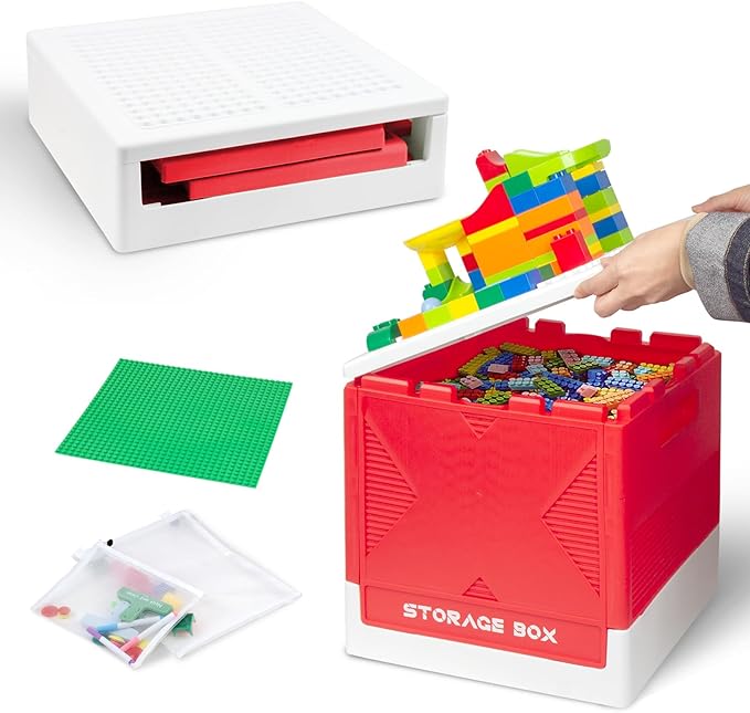 Folding 2-in-1 Storage Box with Large Building Lid for Blocks, Toys Collapsible Storage Bin, Multifunctional Organizer Box for Organizing Brick, Bead, Tool, Sewing and Toys(Red)