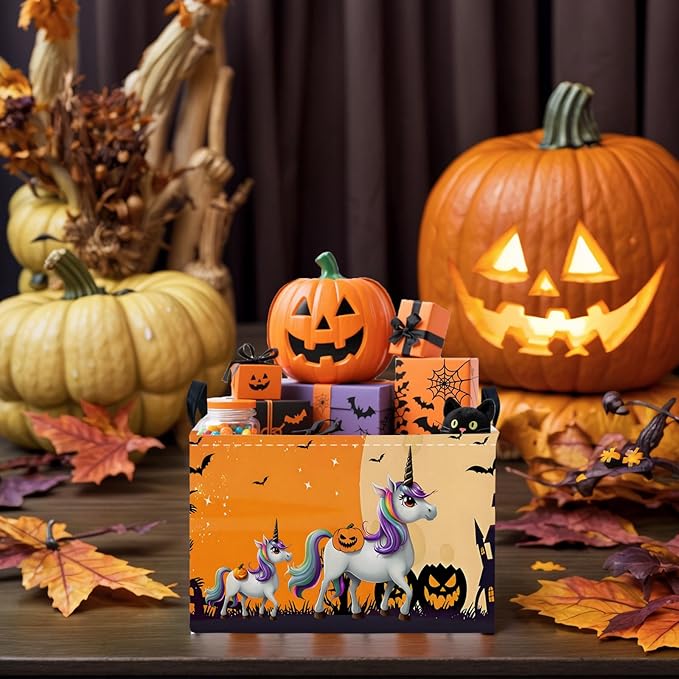 ASKETAM Halloween Basket Gift Cute Pumpkin Ghost Parties Decor Kid Trick or Treat Basket for Boys and Girls Rectangular Storage Bin Box (Unicorn Bat)
