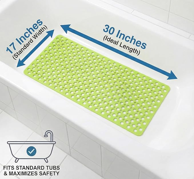 Nonslip Bathtub Mat Extra Soft TPE Bath Mat for Kids, Machine Washable Bathroom Shower Mat, Smooth/Non-Textured Tubs Only, 30L x 17W Inch (Green)