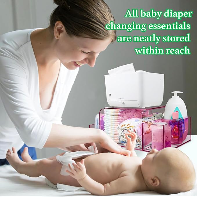 Acrylic Diaper Caddy, Baby Wipes Organizer for Changing Table, Dresser Top Tabletop Organizer with 4 Detachable Compartments, Anti-slip Rubber Feet, Newborn Baby Essentials, Red