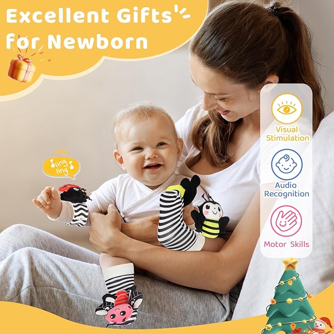 URMYWO Wrist Rattles for Baby - Rattle Socks - Foot Finder Set - High Contrast Black and White Baby Toys for 0-12 Months Infant - Newborn Essentials - Sensery Toys for Boys and Girls as Shower Gifts