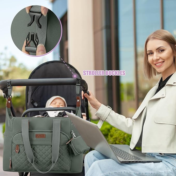 Tuwubi Diaper Bag Tote,Baby Diaper Bag with Pacifier Case Large Travel Diaper Tote Caddy for Mom and Dad Multifunction Baby Bag - M-Olive Green