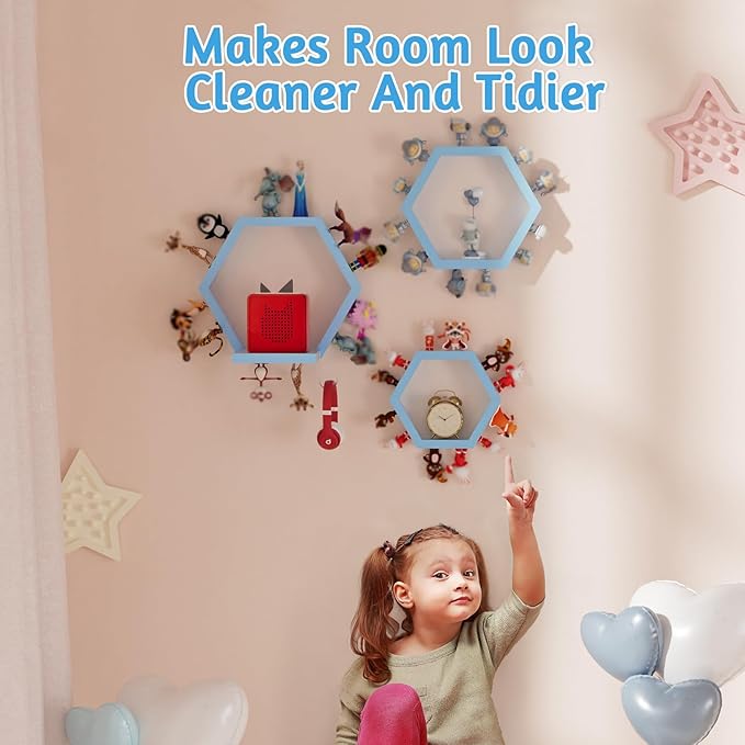 Hexagon Tonies Shelf Magnetic - Tonies Storage Shelf Set of 3 for Kid Room, Wooden Magnetic Display Shelf for TonieBox Holder, Wall Floating Shelves Toy Storage Compatible with Tony Accessories(Blue)