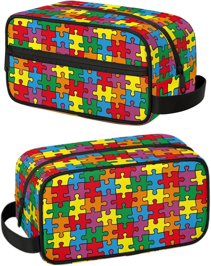 Travel Toiletry Bag for Kids Colorful Puzzle Waterproof Hanging Cosmetic Pouch Dopp Kit Medicine Organizer Bag for Girls & Boys