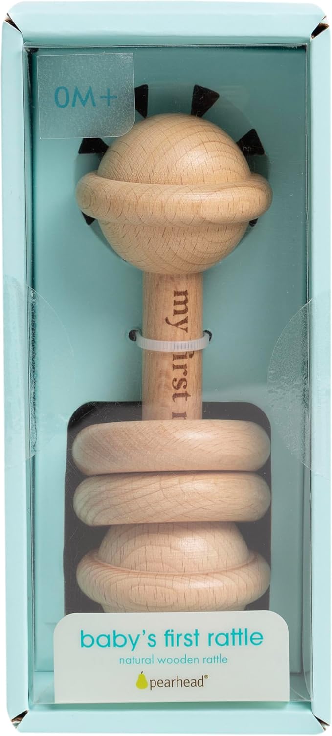 Pearhead Baby’s First Wooden Rattle, Montessori-Inspired Beechwood Rattle Teether for Newborns 0M+, Gender-Neutral Easter Gift, Natural Baby Keepsake