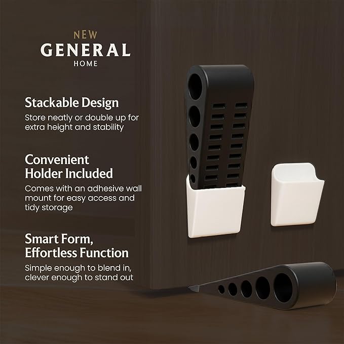 Door Stoppers (3 Pack), Heavy Duty Rubber Door Stopper Wedge for Bottom of Door on Floor, Non-Slip Stackable Door Stops for Carpet & Hard Floors, Includes Storage Holder/Bracket - Black - 3-Pack