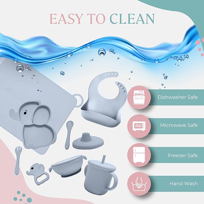 SiliAnimal Elephant-Themed Silicone Baby Feeding Set - Includes Suction Mat, Bibs, Spoons, and Bowls - Perfect for Baby-Led Weaning