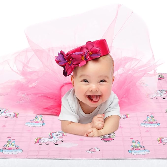 Funtery 43 x 43 Inch Boho Baby Play Mat Portable Crawling Washable Foldable Tummy Time Non Slip Baby Floor Large Playpen Mat for Infants Toddlers Floor Playpen Activity(Pink Unicorn)
