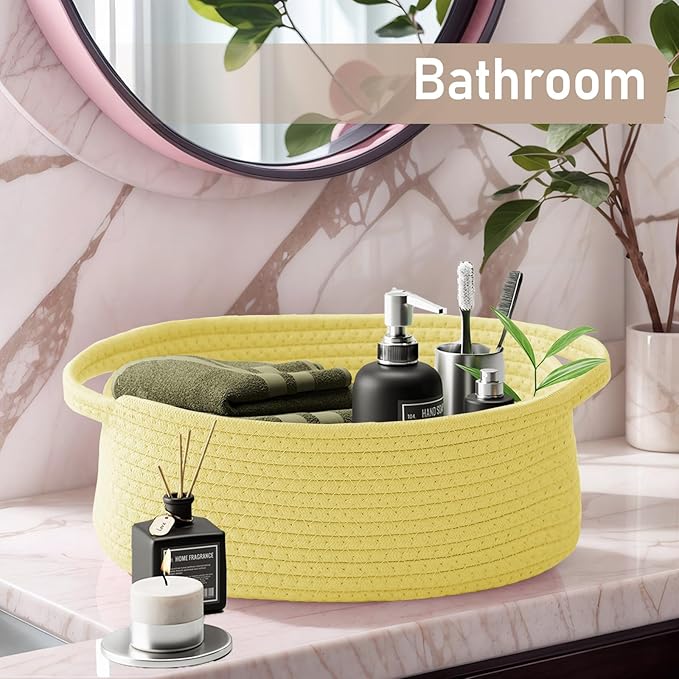 JMvicyroam Woven Basket,Small Rope Storage Bin with Handles & Ribbon Bag, Organizer for Shelves Closets,Gift Basket Empty for Birthday,Books,Dog Toys, Yellow/3 Pack