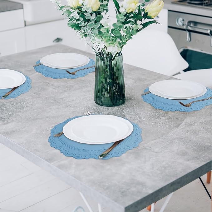 Round Silicon Placemats Set of 4, 13.38" Thick European Style Non-Slip Easy Clean Table Place Mats Decor, Blue