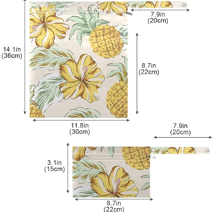 visesunny Tropical Yellow Pineapple and Flower 2Pcs Wet Bag with Zippered Pockets Washable Reusable Roomy for Travel,Beach,Pool,Daycare,Stroller,Diapers,Dirty Gym Clothes, Wet Swimsuits, Toiletries