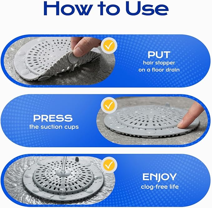 VLM 2 Pack Shower Drain Hair Catcher, Upgraded Drain Cover with Strong Suction Cups, Anti-Clog Hair Trap Stopper for Bathtub Shower Sink Laundry