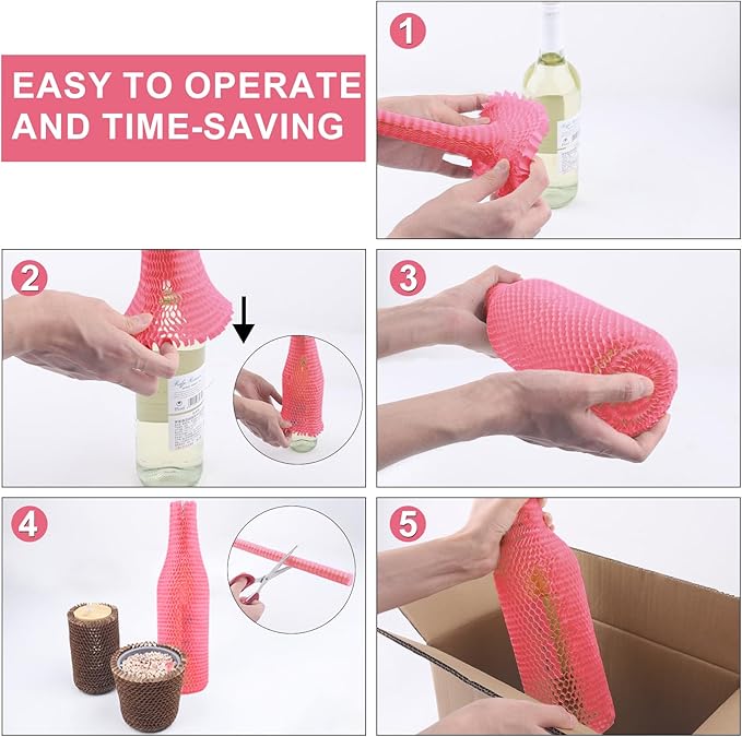 Wine Bags for Travel Honeycomb Paper, 36 Set Reusable Glass Liquor Bottle Sleeves, Proof Hardened Safety and Impact Resist for Shipping Packing Transport Pink