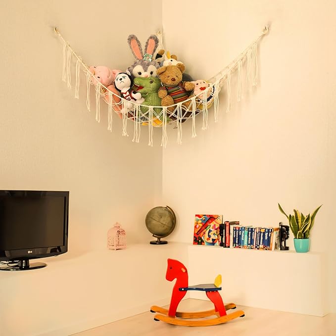 Stuffed Animals Net or Hammock with LED Light, 59 inch Toy Hammock Net for Stuffed Animals Corner Hanging Stuffed Animal Storage Stuffed Animal Holder for Nursery Kids Bedroom (White)