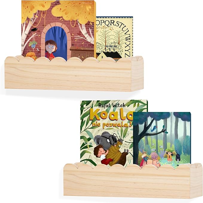 Wood Floating Shelves for Wall,Nursery Bookshelf,Kids Book Shelf,Baby Toys Storage Decor Organizer Wall Mounted for Living Room Bedroom,Wavy Edge,Preassembled,2 Pack,Scalloped Pine(Natural Wood)
