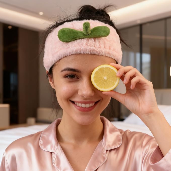 PERFECTSIGHT Spa Headband for Washing Face, Cute Wristband Hair Band Set for Shower Yoga Beauty Skincare Party, Soft Fluffy Makeup Headband, Kawaii Facial Headbands for Woman Girls, Peach