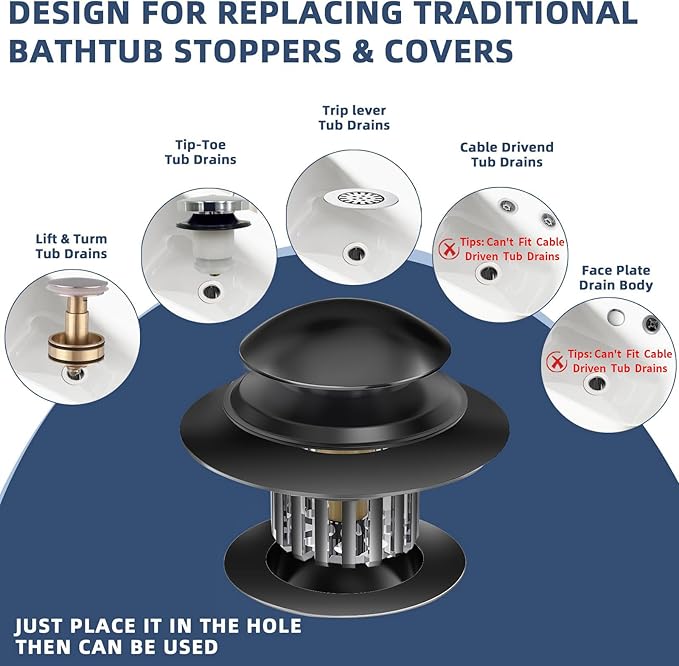 Drain Strainer Universal Tub Stopper Bathtub Drain, Drain Hair Catcher and Cover, Pop Up Tub Stopper Bathtub Drain Plug Cover Replaces Bath Tub Bathtub Drains (Black)