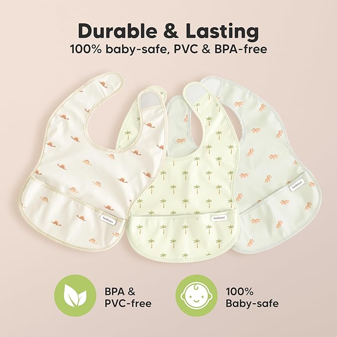 KeaBabies 3-Pack Waterproof Baby Bibs for Eating - Lightweight Toddler Feeding Bibs with Large Food Catcher, Mess Proof, Food-Grade Baby Eating Essentials, Easy to Put On & Clean (Wilderness)
