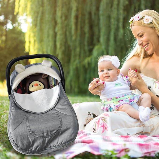 Car Seat Cover for Babies,Infant Carseat Cover Canopy Baby Car Seat Cover Universal Fitted Winter Autumn Spring Carseat Cover for Boy Girl Newborn,with Mesh Cover,Warm Breathable-Grey