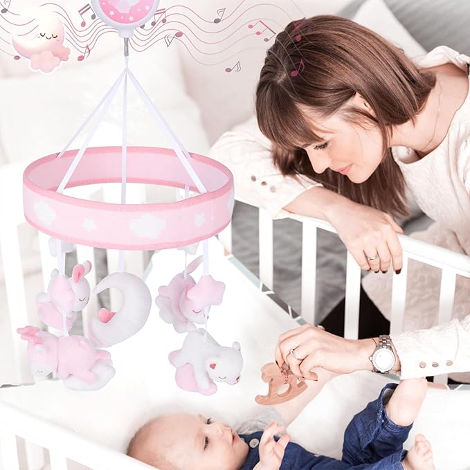 Crib Mobile for Girls, Baby Mobile for Crib with 12 Lullabies Digital Musical Box, 3 Modes, Volume & Songs Control, Pink Design for Nursey Decor