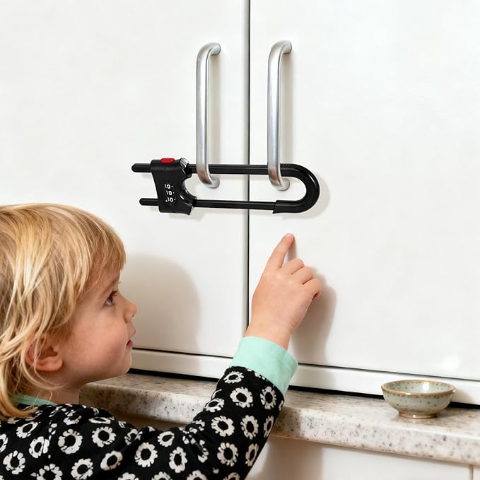 4 Pack Cabinet Locks with Combination U Shaped Sliding Cabinet Door Lock Child Proof Cupboard Locks Baby Proof Adjustable Safety Lock for Closet Code Latches Knob Handle Drawers - Black