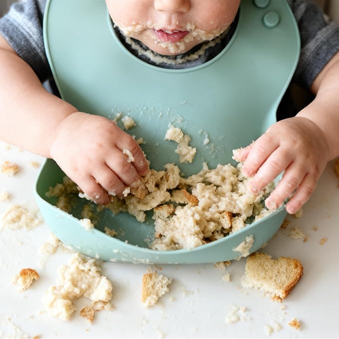 Ginbear Baby Bowls with Suction, Silicone Bibs, Self Feeding Spoons, Led Weaning Supplies, Toddler Eating Set for Ages 6 Months+ (Almond)