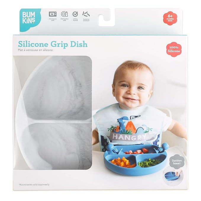 Bumkins Toddler and Baby Suction Plate, Divided Grip Dish for Babies and Kids, Baby Led Weaning, Feeding Supplies, Sticks to Tables and Highchairs, Platinum Silicone, for Chidren 6 Months, Marble