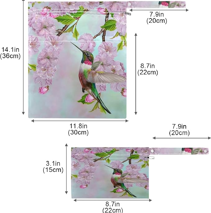 visesunny Bird Hummingbird Cherry Blossoms Spring 2Pcs Wet Bag Washable Reusable Roomy for Travel,Beach,Pool,Daycare,Stroller,Diapers,Dirty Gym Clothes, Wet Swimsuits, Toiletries