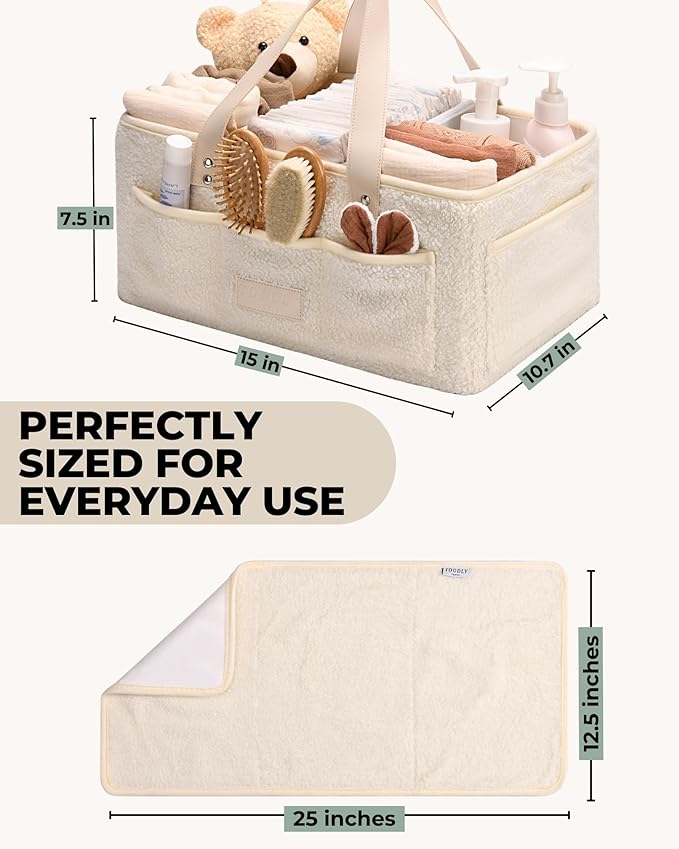 Toodly Baby Diaper Caddy Organizer with Portable Changing Mat - Teddy Fleece Diaper Organizer for Changing Table - Basket for Changing Essentials - Baby Essentials Organizer with Removable Dividers