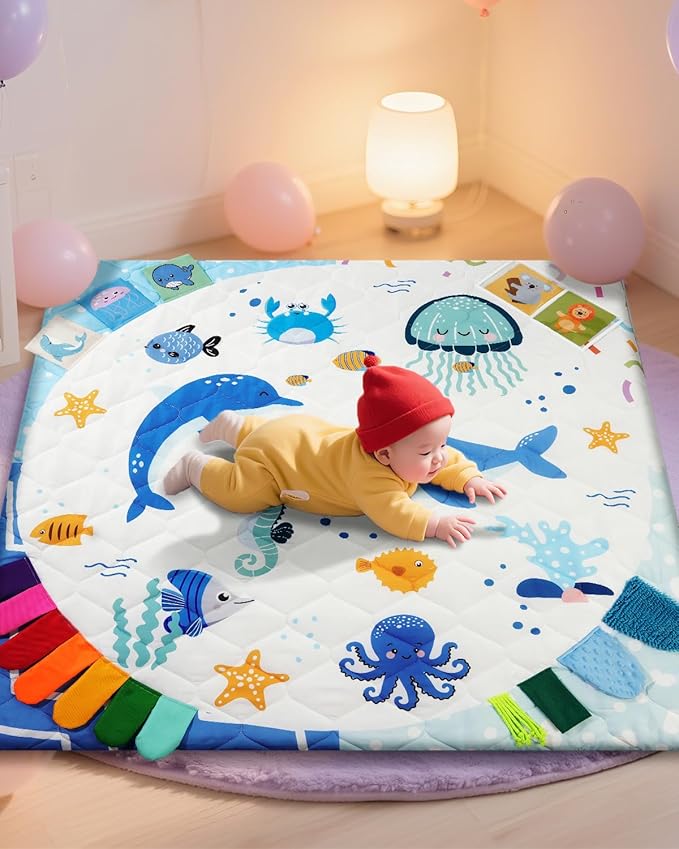 Premium Foam Baby Play Mat 50x50, 4 Developmental Zones Play Mat with Removable & Machine Washable Cover, Extra Thick Padding Playpen Mat, Easy to Clean for Infants, Toddlers & Babies
