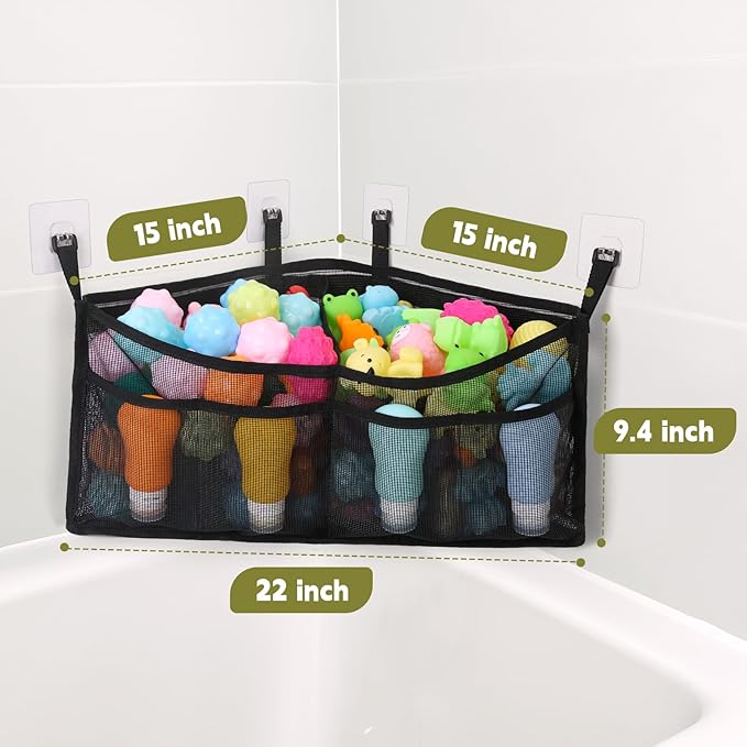 Goowin Bath Toy Organizer, Triangle Corner Bath Toy Storage, Quick Access Bath Toy Holder for Bathtub, Large Capacity Bath Storage for Toys, Quick Dry Mesh Toy Holder for Bath Hanging (Black)