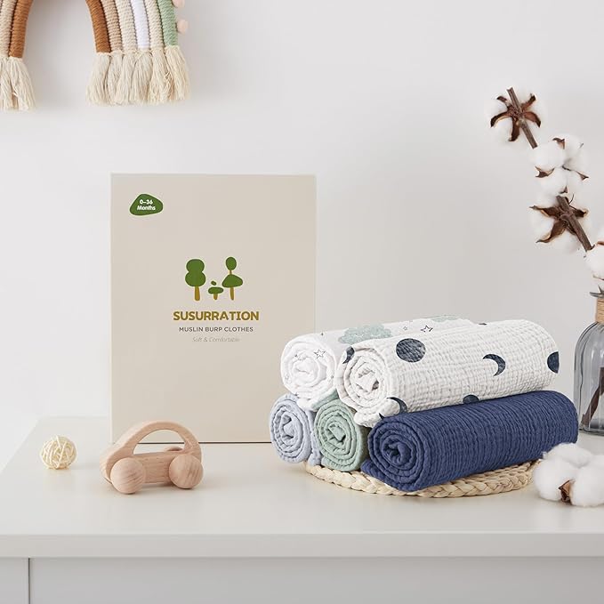 Susurration Baby Burp Cloths 5 Pack 100% Cotton Muslin Baby Washcloths 23.6 * 23.6 inch, Burping Cloths for Babies, Newborn Baby Boys Girls Essentials-Blue