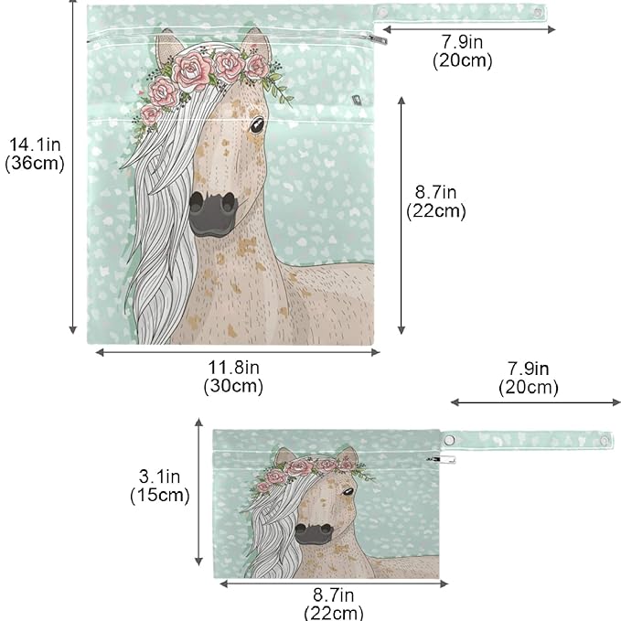visesunny Cute Horse with Wreath Floral 2Pcs Wet Bag with Zippered Pockets Washable Reusable Roomy for Travel,Beach,Pool,Daycare,Stroller,Diapers,Dirty Gym Clothes, Wet Swimsuits, Toiletries
