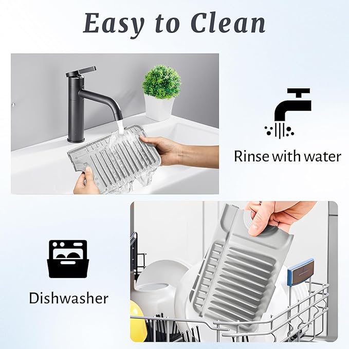 PoYang 24 inch Faucet Mat for Kitchen Sink Splash Guard, 7° Slope Silicone Sink Water Splash Guard for Kitchen Sink Area with Snap, Longer Sink Protectors for kitchen Sink Sponge Holder, Light Grey