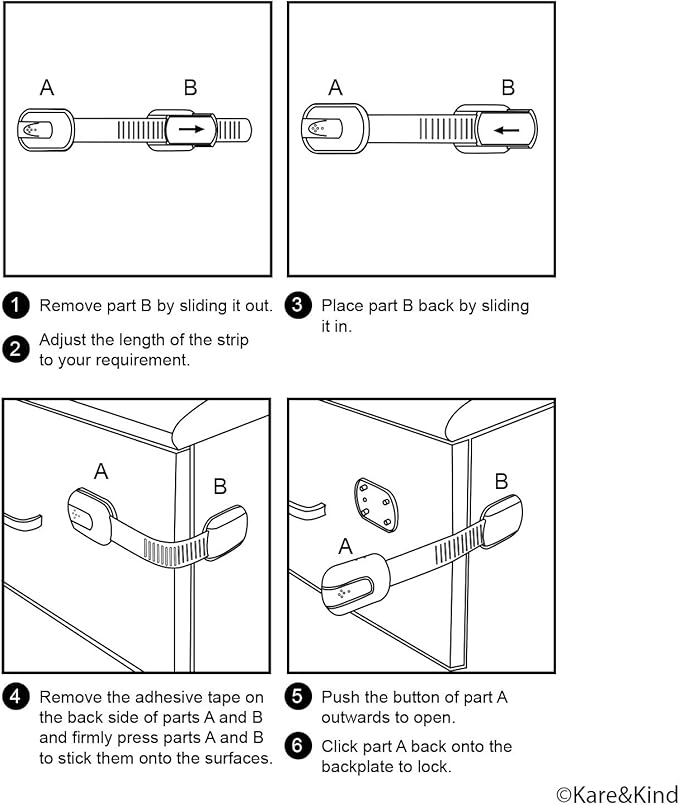 Child Safety Locks (Black) - Set of 6 - Prevents Injury and Opening (Oven) Doors, (Kitchen Sink) Cabinets, Toilet Seats, etc. - No Tools or Screws Needed - Strong Removable 3M Adhesive - Adjustable