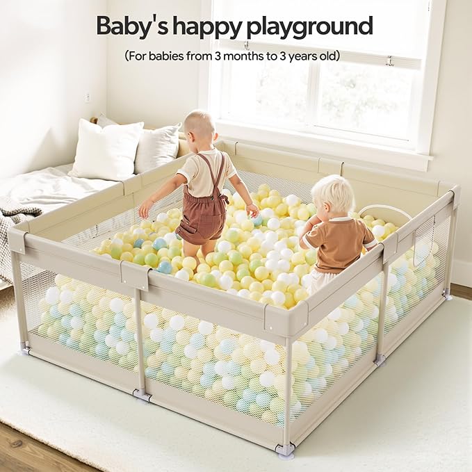 Fodoss Baby Playpen, 59×69in Beige Playpen for Babies and Toddlers, Play Pen for Apartment, Kids Activity Fence, Baby Playard with All-Side Mesh, Pull Rings