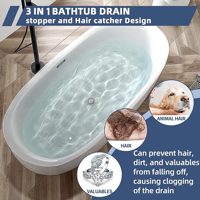 Universal Tub Stopper Bathtub Drain, Drain Hair Catcher and Cover, Pop Up Tub Stopper Bathtub Drain Plug Cover Replaces Bath Tub Lift and Turn, Tip-Toe and Trip Lever Bathtub Drains (Silver)