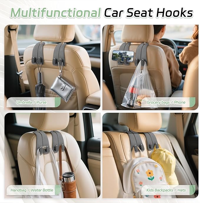 Car Seat Headrest Hooks - 4 Pack Universal Car Purse Hook, Leather Car Bag Purse Holder with Double Metal Hooks for Handbags, Grocery Bags, Bottles, Phones, Gray