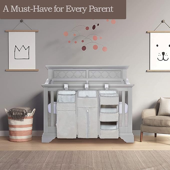 Hanging Diaper Caddy Organizer for Baby Crib - 3-in-1 Diaper Stacker for Changing Table Nursery Organization Storage Holder for Baby Essentials Attachment Portable Combining (Light grey)
