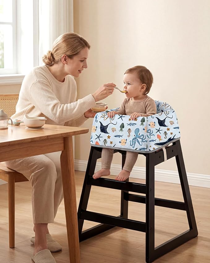 Mamatepe Baby High Chair Cover with Strap Pads & 2-Point Harness - Machine Washable, Waterproof, Portable for Restaurant/Travel/Home - Fits Wooden High Chairs, Blue Ocean