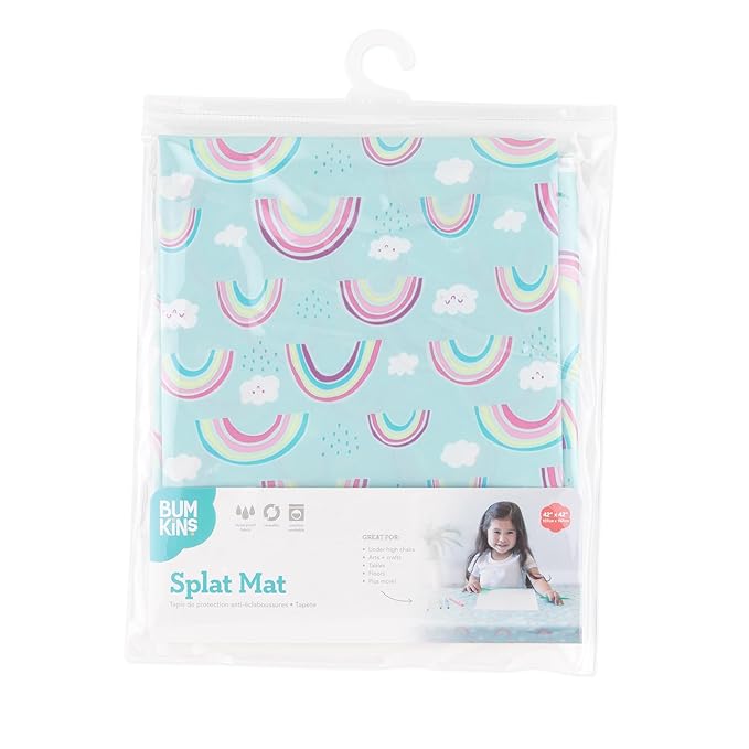 Bumkins Baby Splat Mat - Under High Chair Mess Mat for Kids, Waterproof Reusable Fabric, Arts & Crafts, Playtime, 42inx42in, Rainbow Blue