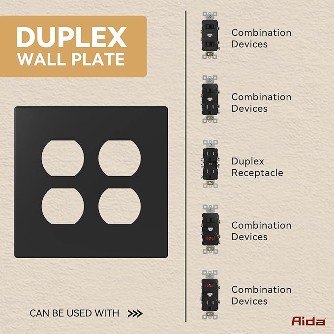 AIDA 2-Gang Screwless Wall Plates - Mid-Size Thermoplastic Cover for Duplex & Combo Receptacles and Toggle Switches - Unbreakable & UL Listed - 1 Pack,Matte Black