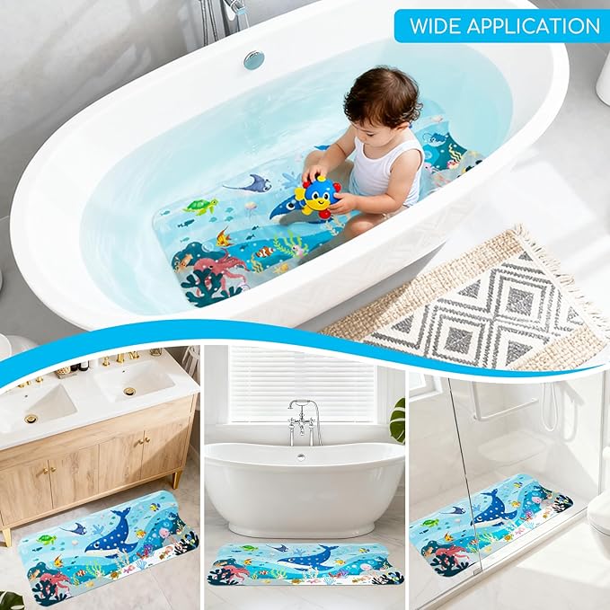 Omedecal Baby Bath Mat for Tub, Non Slip Kids Bath Shower Mat, 40 X 16 Inch Large Bathtub Mat with Drain Holes and Suction Cups for Toddlers, Machine Washable and Waterproof (Whale)