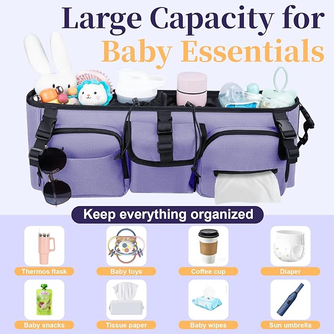 Double Stroller Organizer Compatible with Bob Duallie and Baby Jogger City Mini GT2, Double Baby Stroller Accessories with Cooler Bag, Parent Console Double Jogging Stroller Caddy, Purple