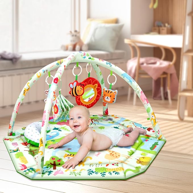 Baby Play Mat,Tummy Time Mat with 6 Detachable Toys-Activity Gym for Visual, Auditory & Motor Development-Washable Baby Activity Mat for 0-12 Month Infants(Animal Theme)