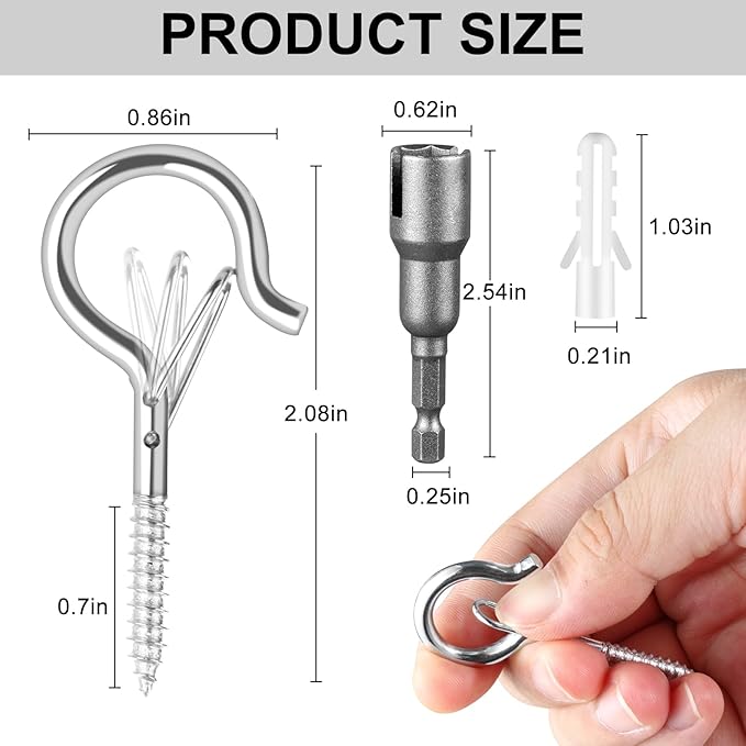 FSAH 24 PCS Q-Hanger Hooks, Screw Hooks for Outdoor String Lights, Safety Buckle Design Cup Eye Hook for Hanging Christmas Lights, Plants, Mounted on Wall Ceiling, Include 1 Wing Nut Driver, Silver
