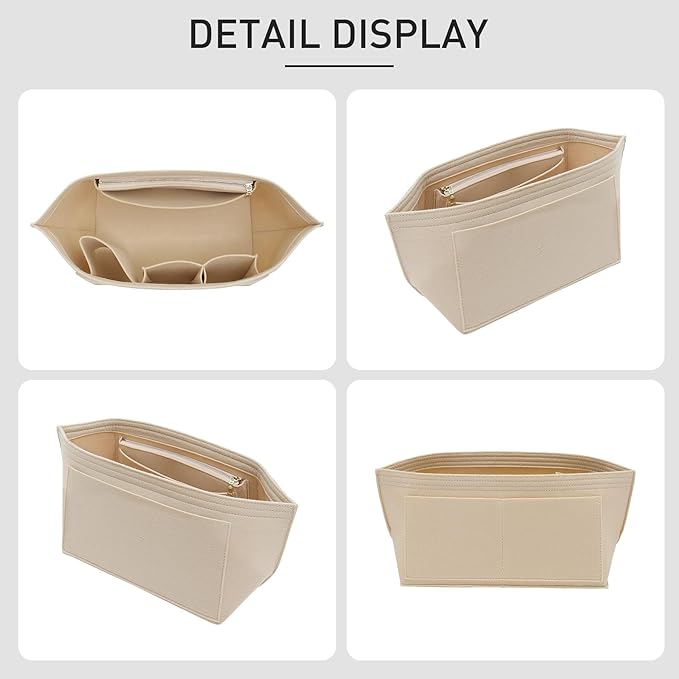 Felt Purse Organizer Insert Compatible with Longchamp Le Plaige M Tote Bag(Longg Handle), Zipper Long Champ Medium Organizer with Cup Holder, 8 Compartments Bag Insert(Beige,M)