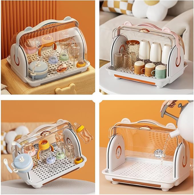 Nollapo Baby Bottle Drying Rack Storage with 3 Brush, Nursing Bottle Storage Box Organizer with Cover, Portable Kitchen Cabinet Organizer, Durable countertop Dryer (Orange)