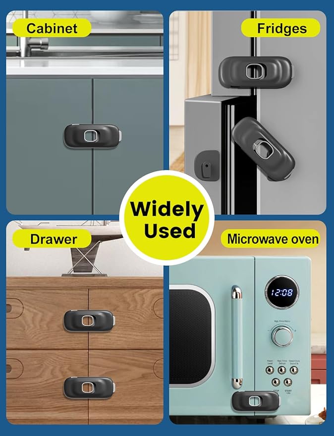 Cabinet Fridge Locks Baby Proofing, 6 Pack Child Proof Cabinet Refrigerator Locks, Baby Child Safety Frigerator Locks for Cabinets, with Strong Adhesive Pad for Draw Kitchen Oven (Black, 6 Pack)